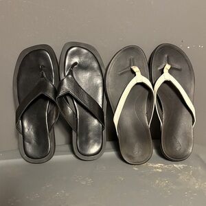 2 pairs Women’s Black and Cream Flip Flops Olikia for one, size 38-7 1/2 to 8
